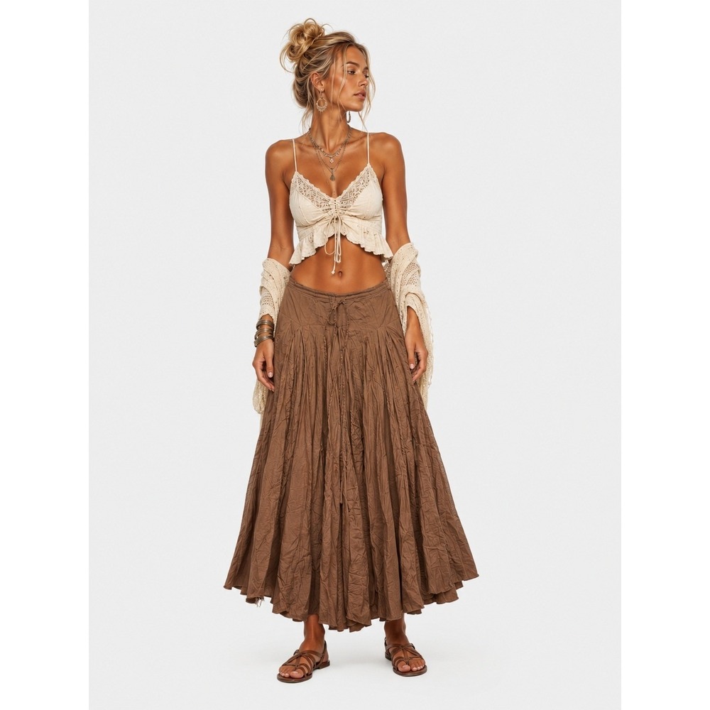 Sandy Starkman Brown 100% Cotton Boho Pleated Maxi Skirt Drawstring M
